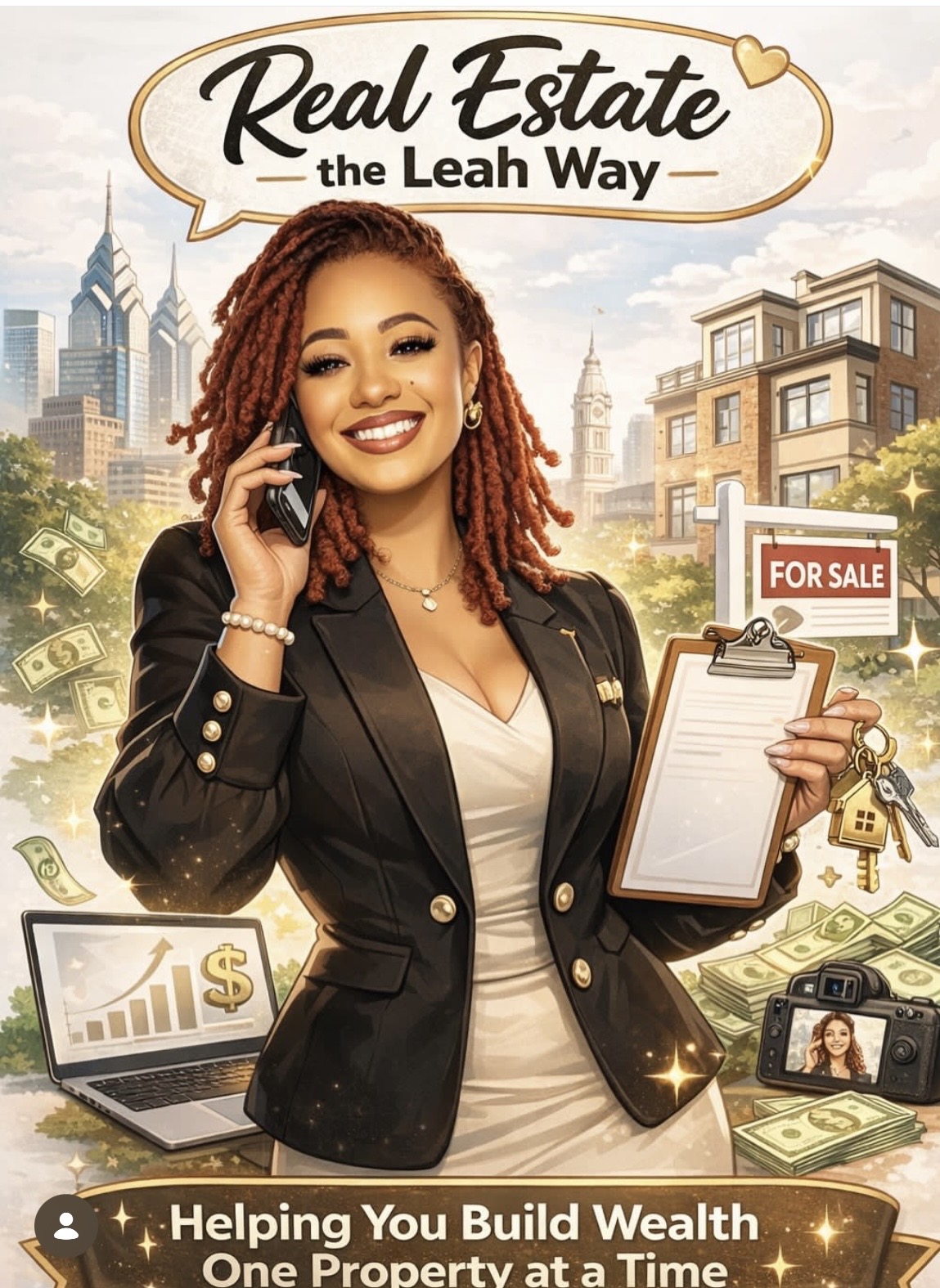 Professional female real estate expert smiling on the phone
